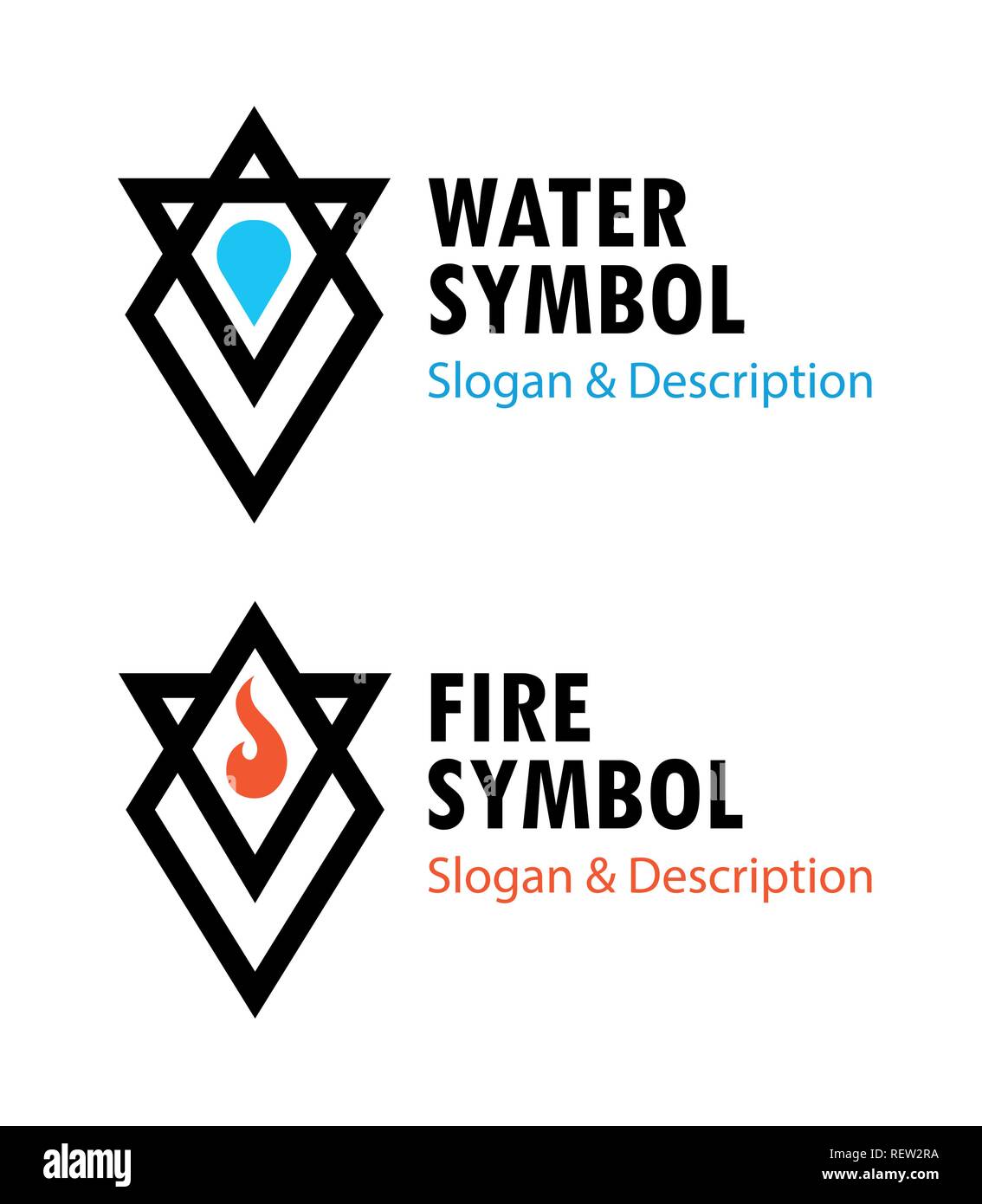 Kreative Zeichen von Feuer und Wasser mit Bildunterschriften - Vektorgrafiken von Wicca Symbole. Stock Vektor