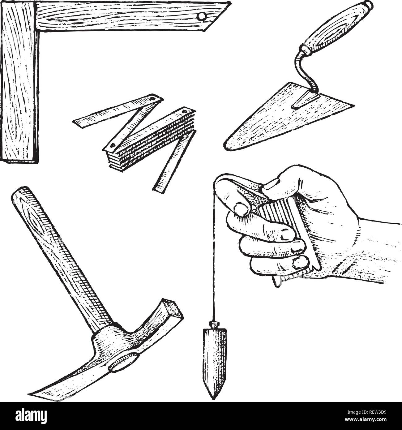 Werkzeuge für Bau und Reparatur von Gebäuden. Spachtel, Hammer, Messgeräte. Hand graviert vintage Skizze gezeichnet. Stock Vektor