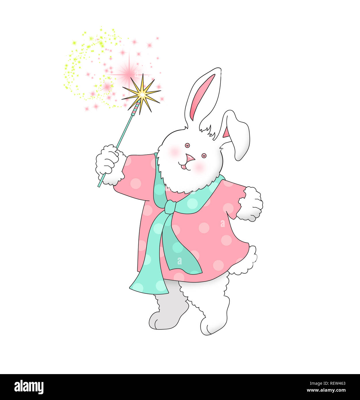 Abbildung: cute White Bunny rabbit tragen rosa und grün Polka Dot Kleidung und mit einer Wunderkerze auf weißem Hintergrund Stockfoto