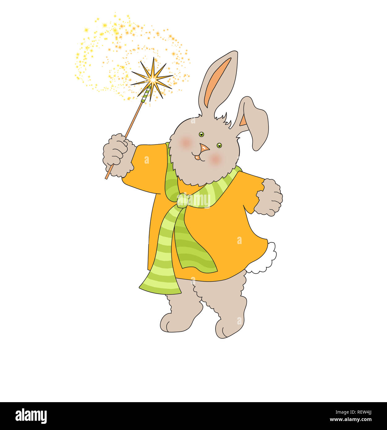 Abbildung: eine niedliche Hase Kaninchen das Tragen von Kleidung und mit einer Wunderkerze auf weißem Hintergrund Stockfoto