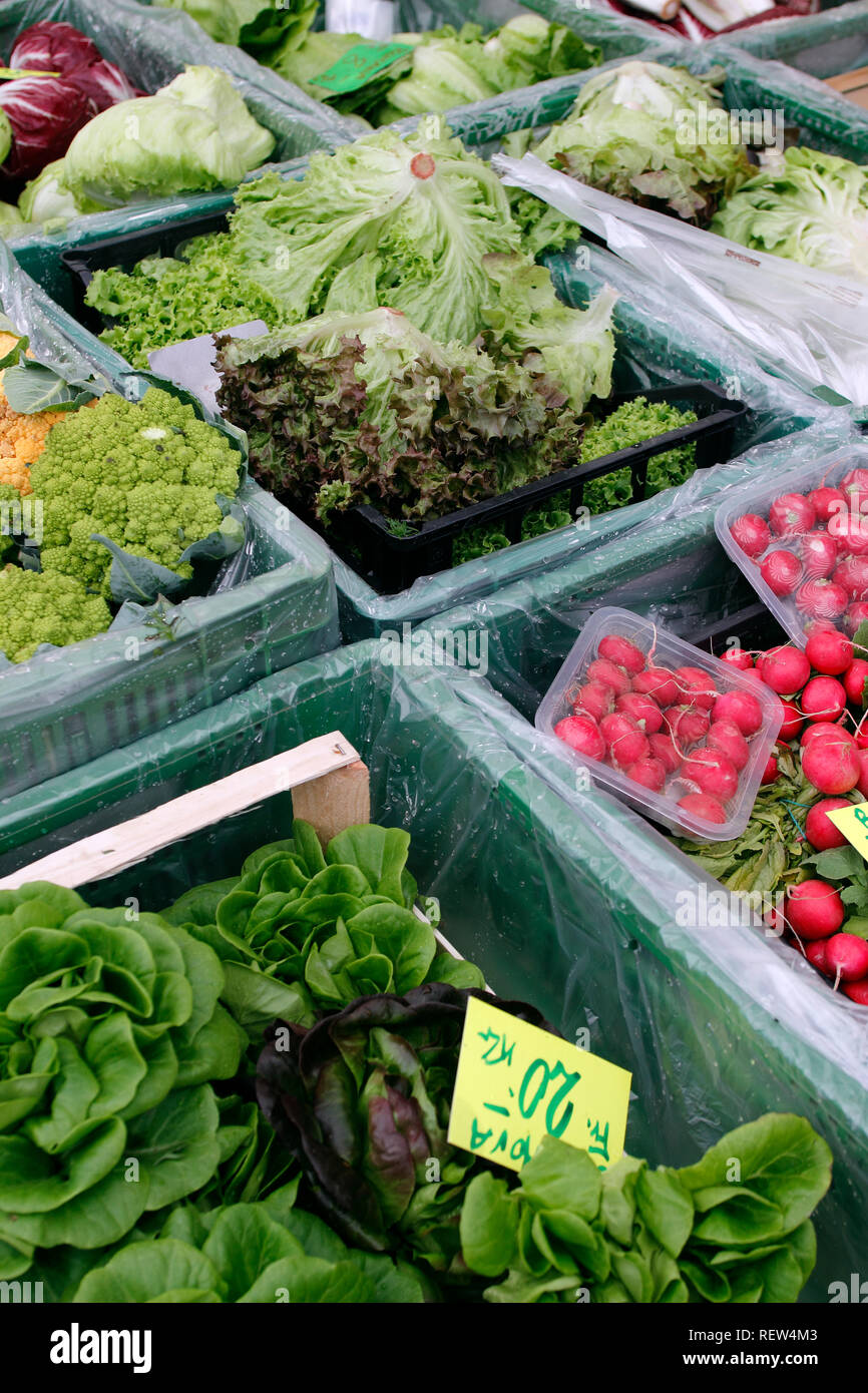 Schweiz Tessin Lugano See Lugano Schweizer Alpen frisches Obst und Gemüse Display auf dem Markt Stockfoto