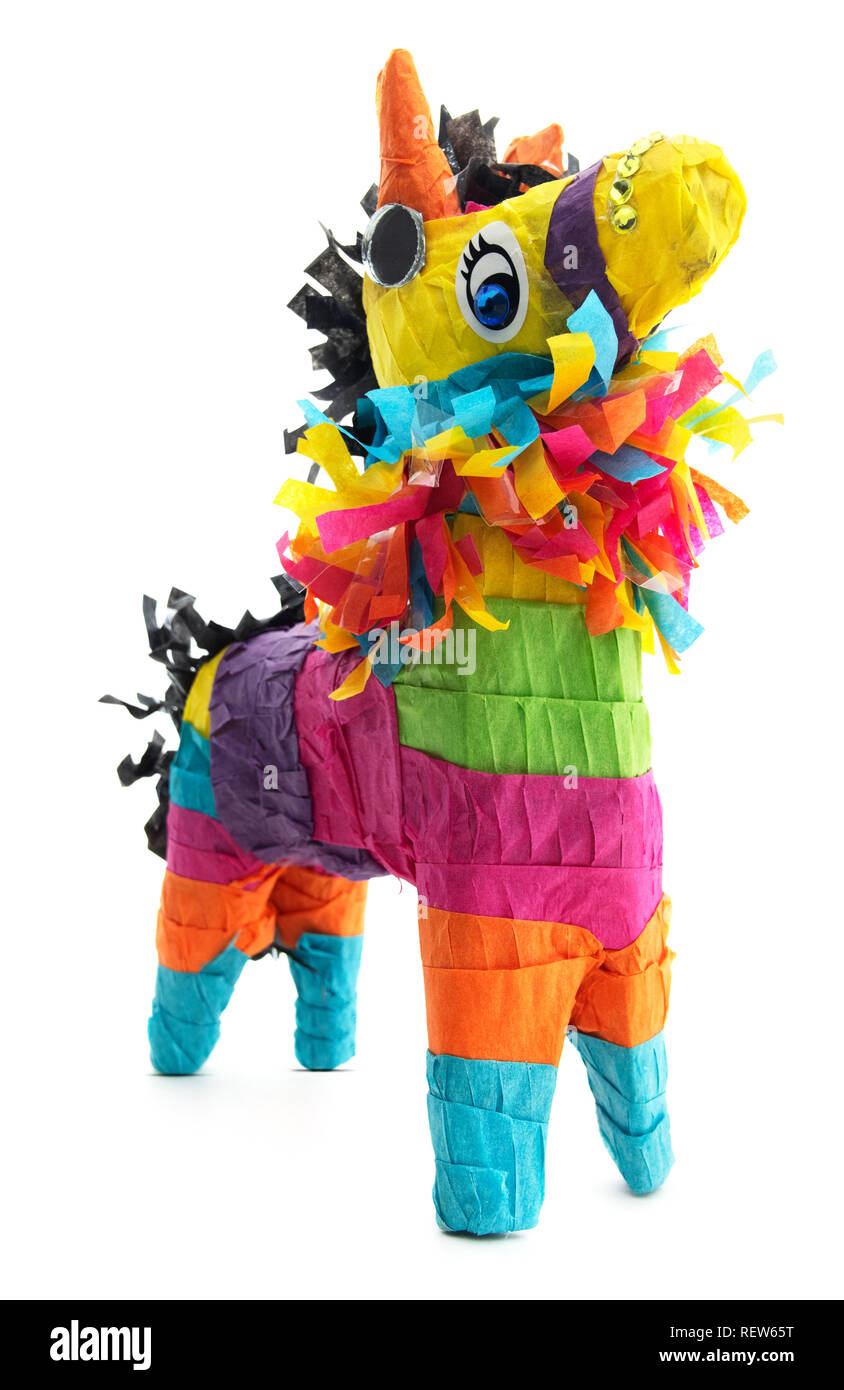 Isolierte Mexikanischen burro Esel piñata. Festliche mexikanischen Esel piñata mit gelben Edelsteine auf einem weißen Hintergrund. Stockfoto