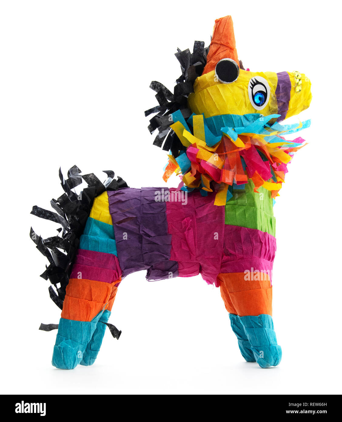 Isolierte Mexikanischen burro Esel piñata. Seitliche Sicht auf farbenfrohe mexikanische Esel piñata auf einem weißen Hintergrund. Stockfoto