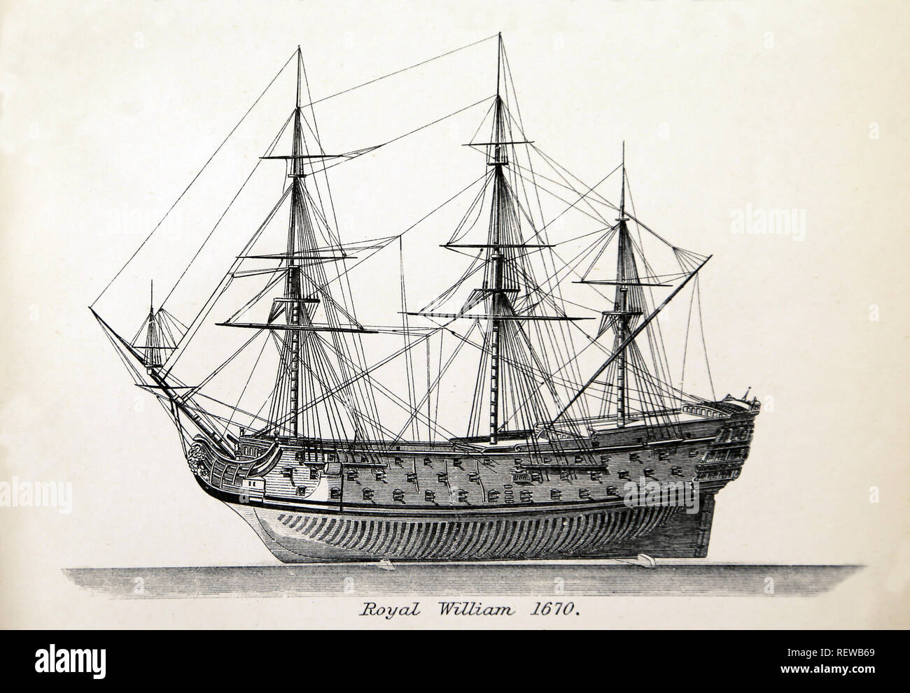HMS Royal Williams Schiff. Als Royal Prince umbenannt. Von 1667 bis 1670 gebaut. Das Vereinigte Königreich naval warfare. Gravur Stockfoto
