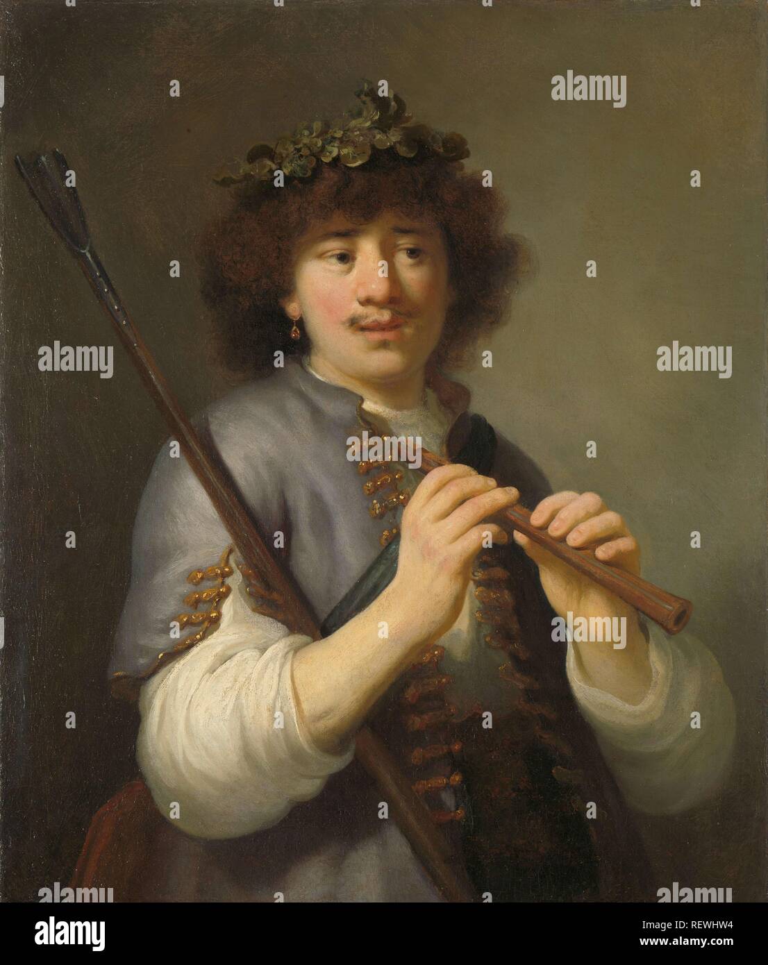 Als Hirte mit Flöte und Rembrandt. Dating: 1636. Maße: H 75,2 cm x W 64,5 cm x T 4,1 cm, d 11,2 cm. Museum: Rijksmuseum, Amsterdam. Autor: Thomas Niemann Flinck (auf Objekt erwähnt). Stockfoto