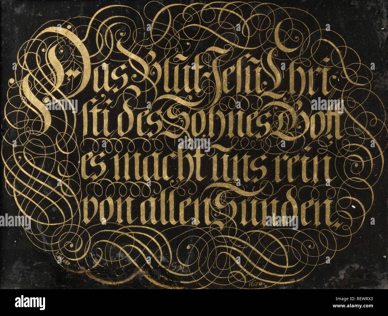 Malen mit Behind-Glass Calligraphed sagen: das Blut Jesu Christi, des Sohnes Gottes reinigt uns von aller Sünde. Dating: 1678. Maße: H 27,3 cm x W 35 cm; h 45,5 cm x W 37,5 cm x T 2,5 cm. Museum: Rijksmuseum, Amsterdam. Autor: Johann G. M (auf Objekt erwähnt). Stockfoto