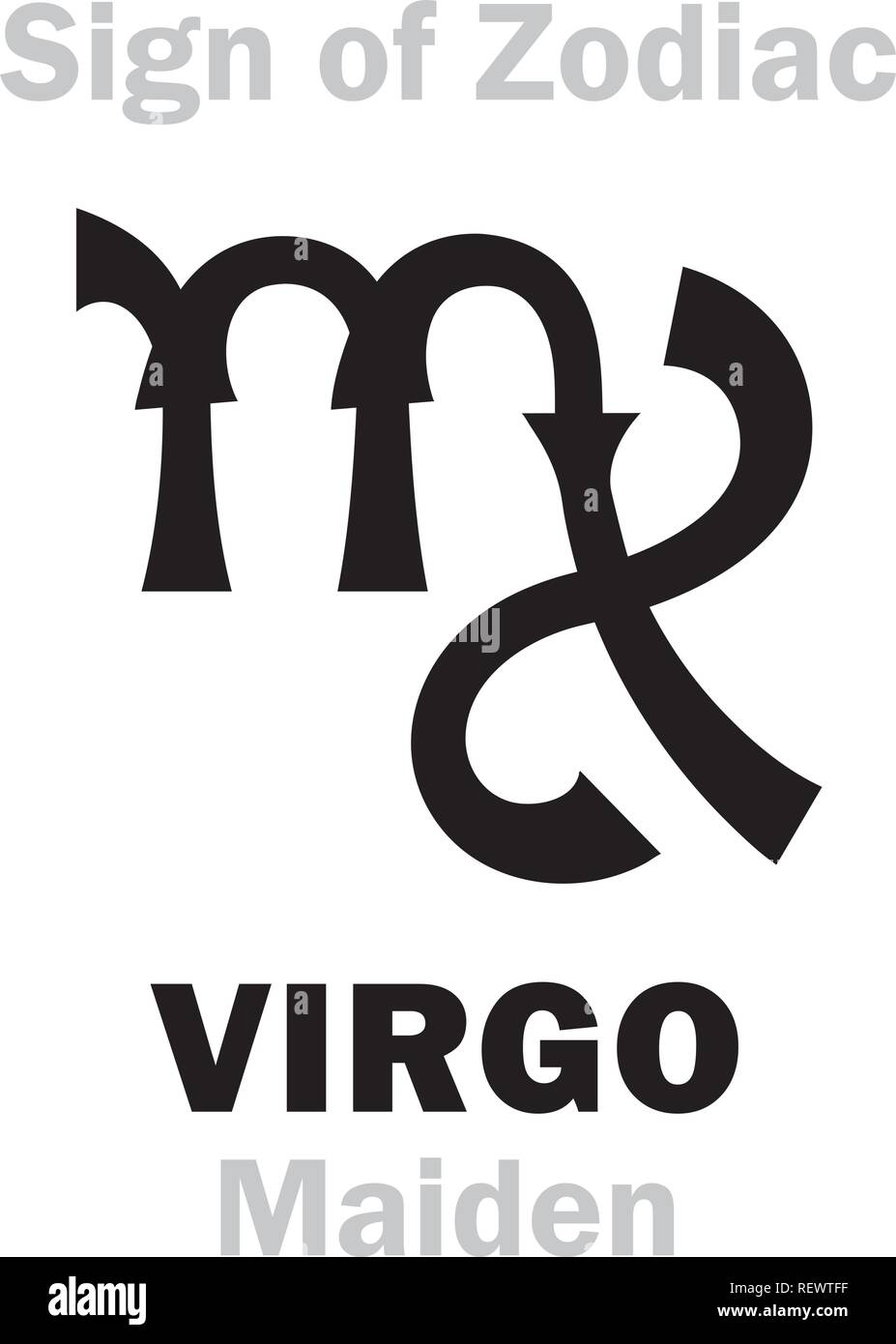 Astrologie-Alphabet: Zeichen des Tierkreises VIRGO (Jungfrau). Hieroglyphen Charakter Zeichen (einzelnes Symbol). Stock Vektor
