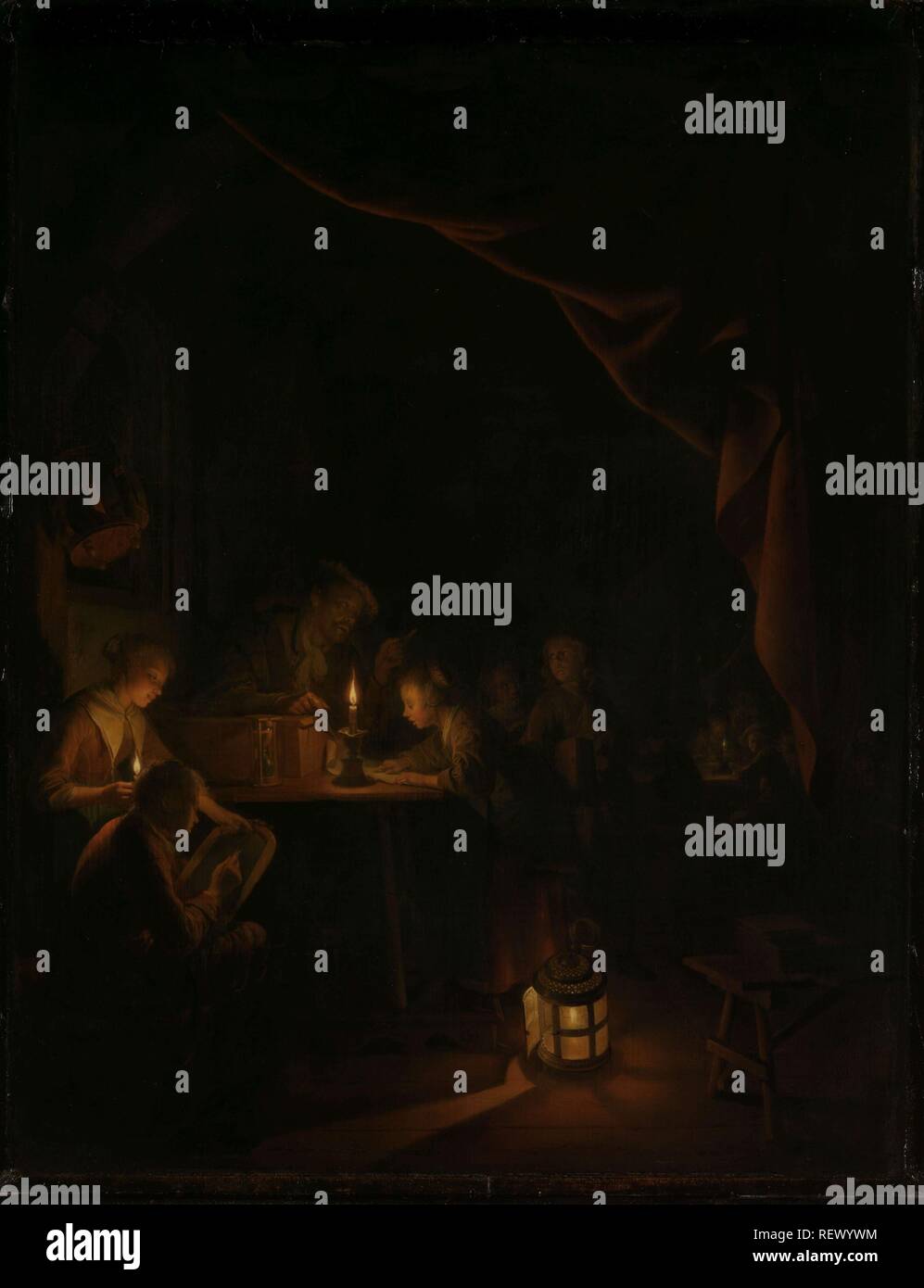 Die Nacht der Schule. Dating: C. 1660 - C. 1665. Maße: H 74 cm x W 64 cm x T 5,5 cm. Museum: Rijksmuseum, Amsterdam. Autor: Gerard Dou. Stockfoto