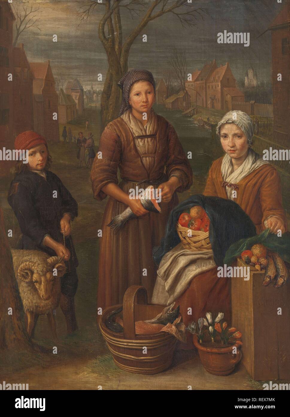 Die Frau, die Hausierer. Datierung: 1700 - 1752. Maße: H 59 cm x W 44 cm; d 8 cm. Museum: Rijksmuseum, Amsterdam. Autor: Peter Duez. Stockfoto