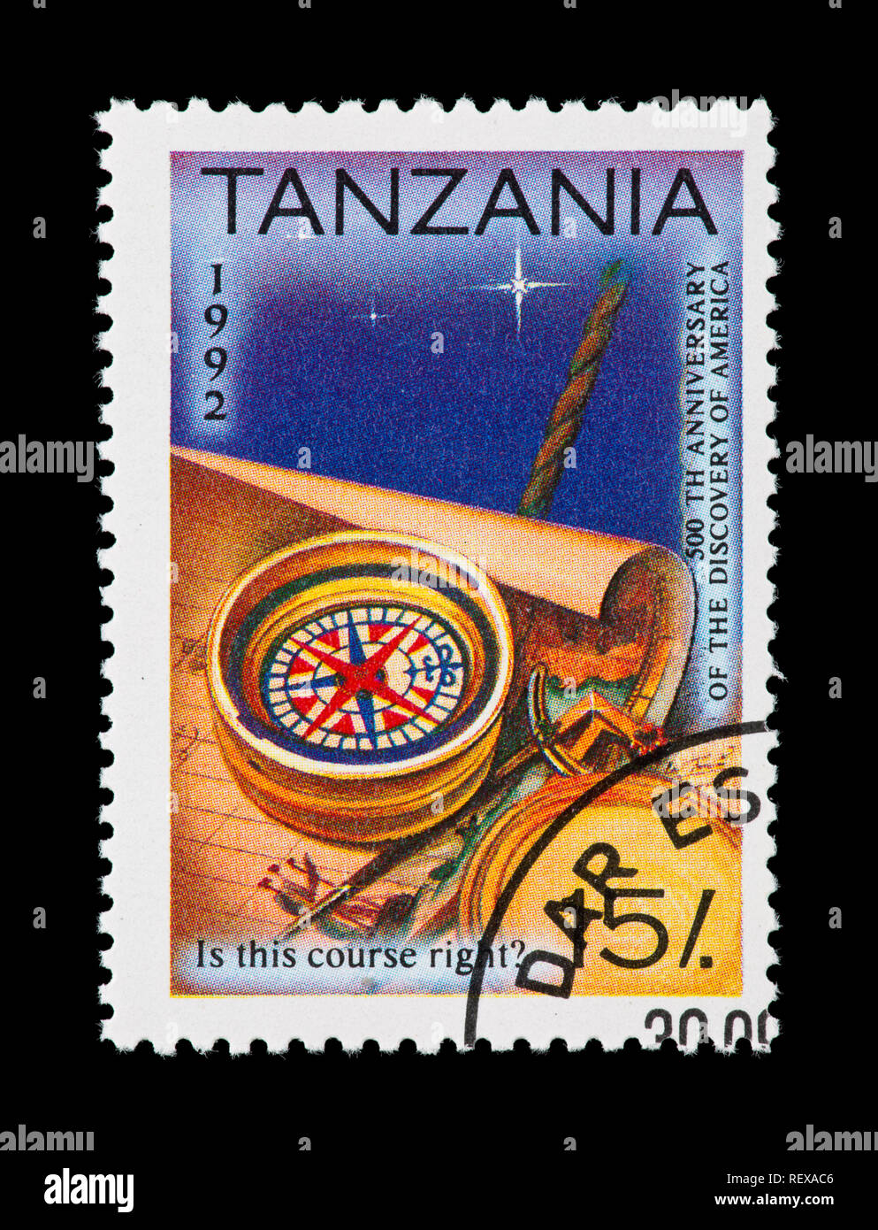 Briefmarke aus Tansania, einem Kompass und Karte, zum 500. Jahrestag der Entdeckung Amerikas ausgestellt Stockfoto