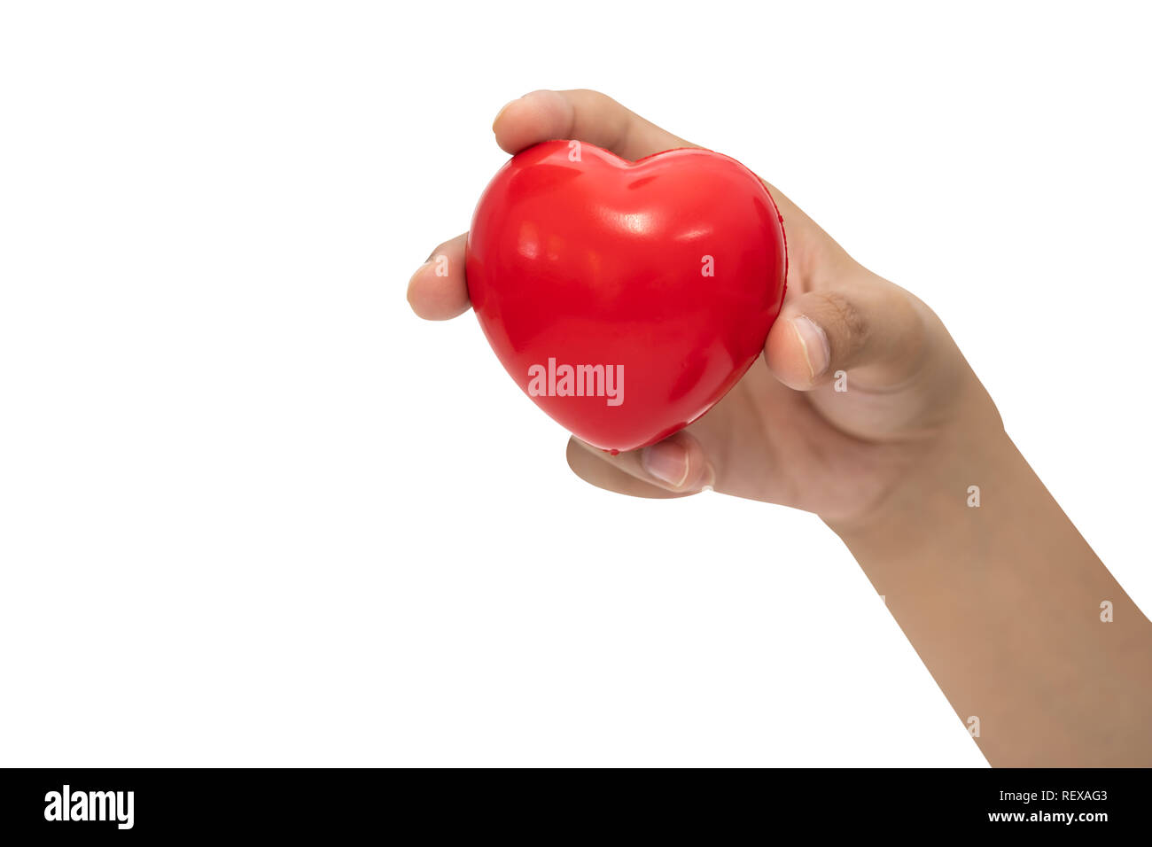 Druckhelfer foam Ball auf Frau hand auf weißem Hintergrund. Stockfoto