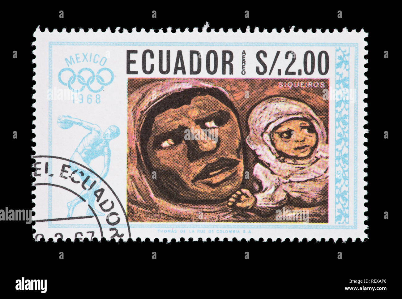 Briefmarke aus Ecuador, native Kunst (David Siqueiros Malerei Mutter und Kind) für die Olympischen Spiele 1968 in Mexiko City Stockfoto