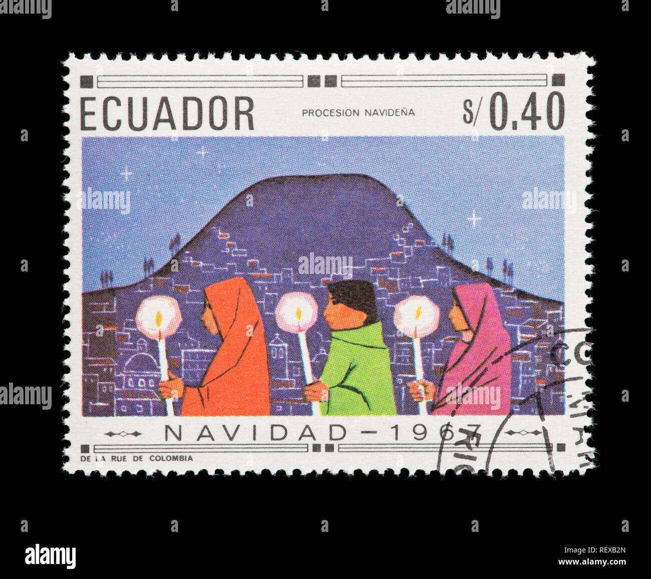 Briefmarke aus Ecuador mit der Darstellung eines Weihnachten Lichterprozession Stockfoto