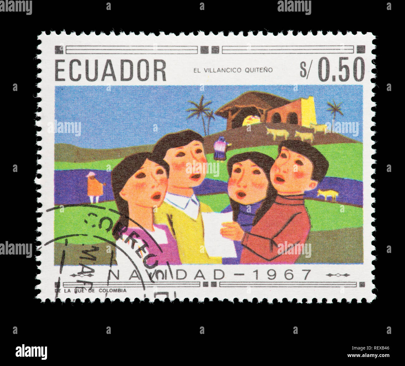 Briefmarke aus Ecuador, die Kinder singen Weihnachtslieder. Stockfoto