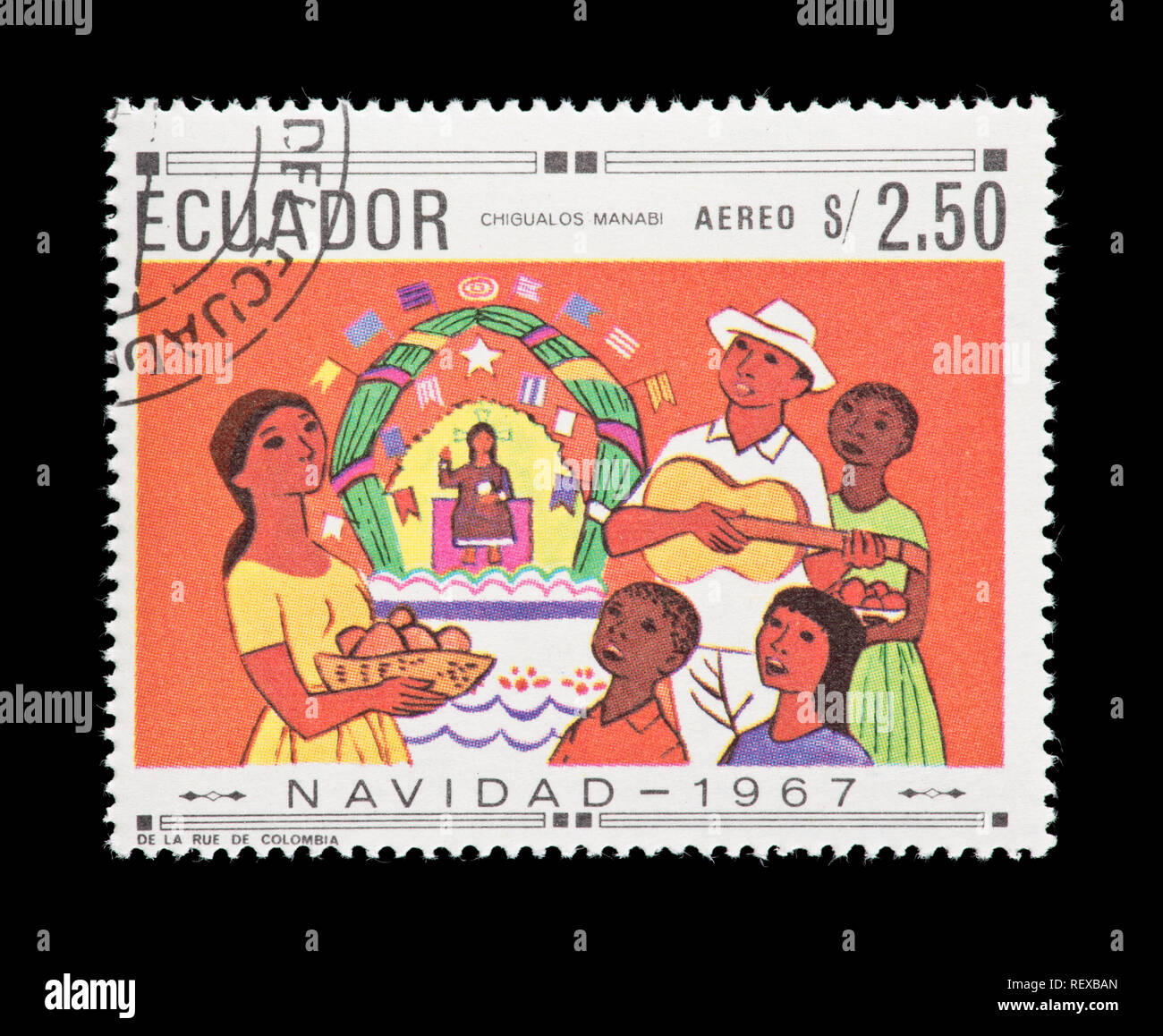 Briefmarke aus Ecuador Darstellung einer Weihnachtsfeier Stockfoto