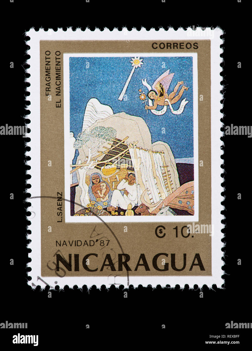 Briefmarke aus Nicaragua mit der Darstellung eines L. Saenz Malerei von der Geburt Christi. Stockfoto