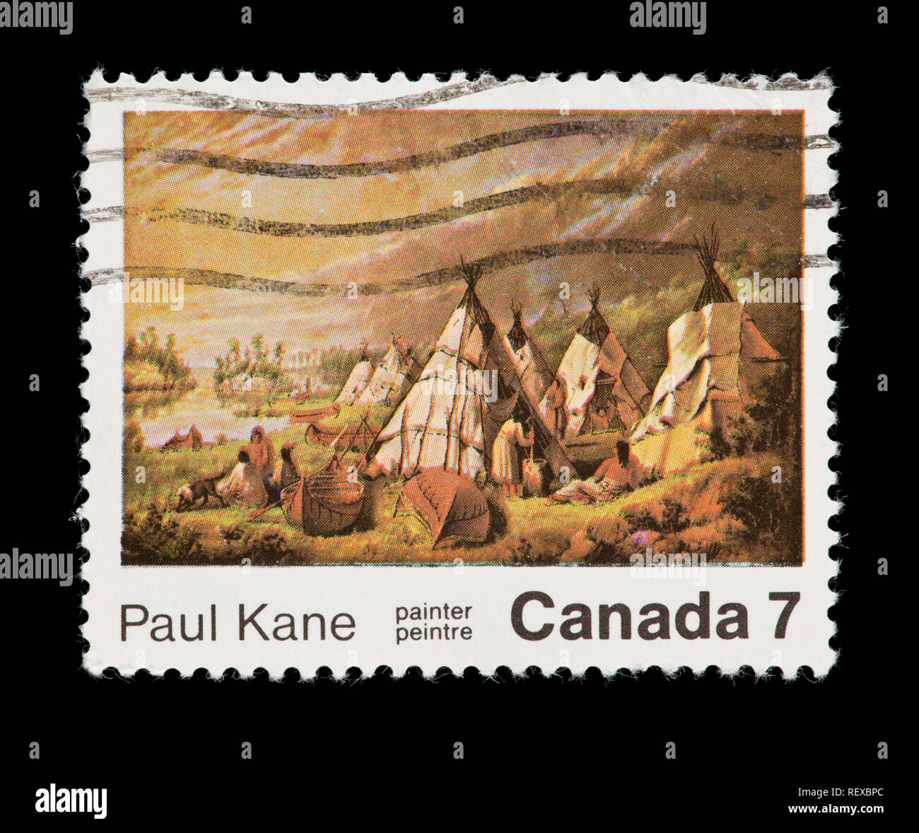 Briefmarke aus Kanada, die die Paul Kane Malerei Indian Camp am Lake Huron. Stockfoto