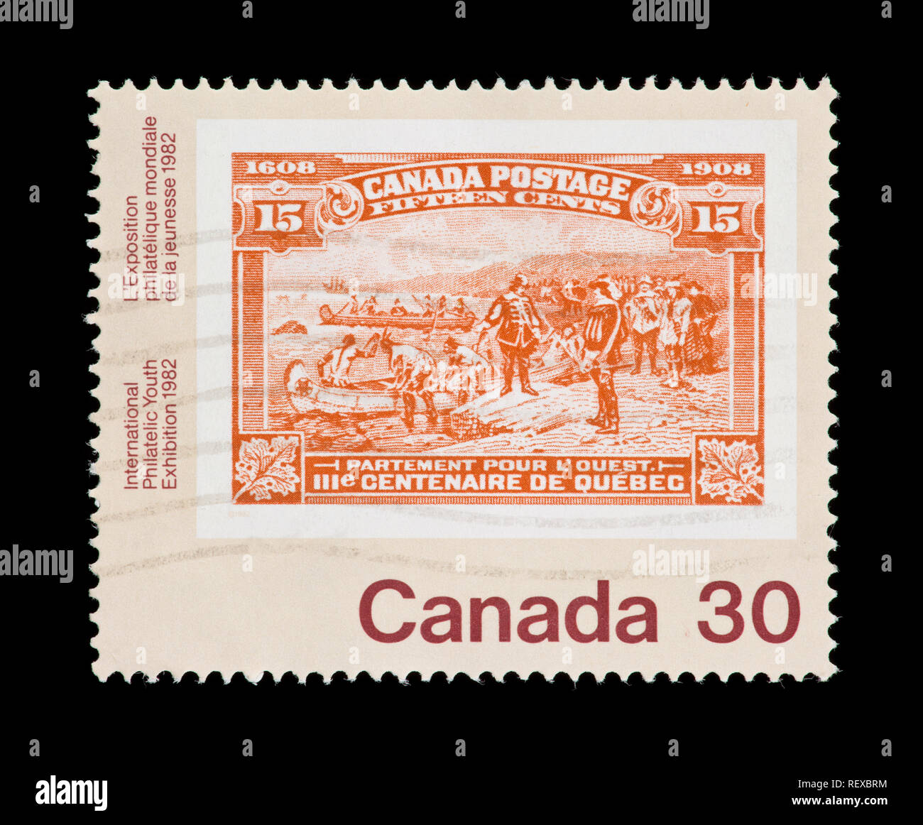 Briefmarke aus Kanada mit der Darstellung eines historischen kanadischen Stempel, ausgestellt für die '91 Internationale philatelistische Jugend Ausstellung in Toronto Stockfoto