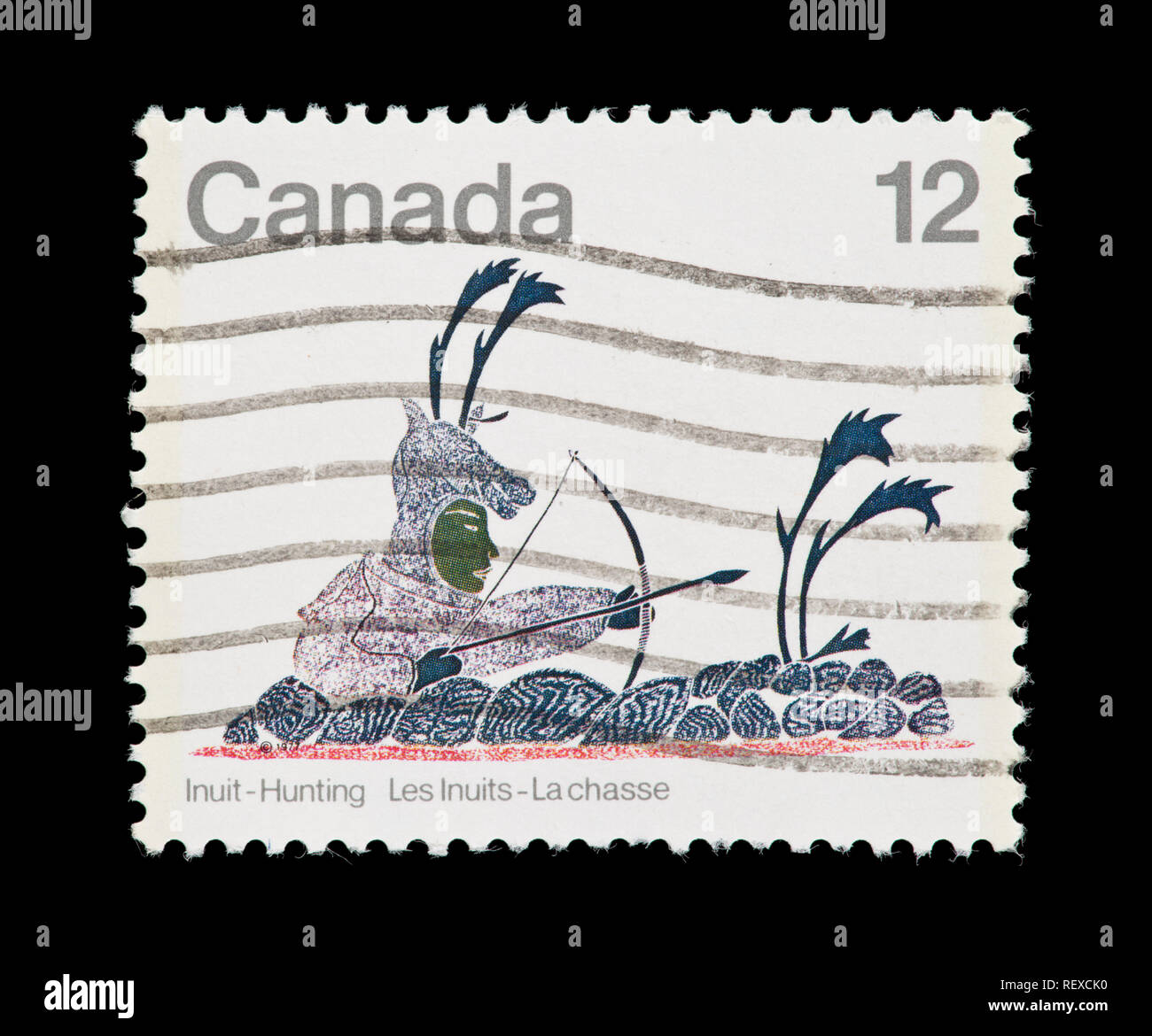 Briefmarke aus Kanada, die das Drucken 'Disguised Caribou Hunter" Stockfoto