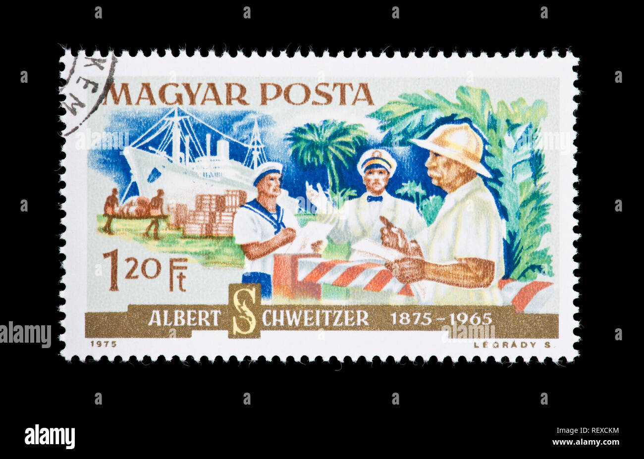 Briefmarke aus Ungarn, die medizinische Versorgung mit dem Schiff anreisen, zehn Jahre nach dem Tod von Albert Schweitzer. Stockfoto