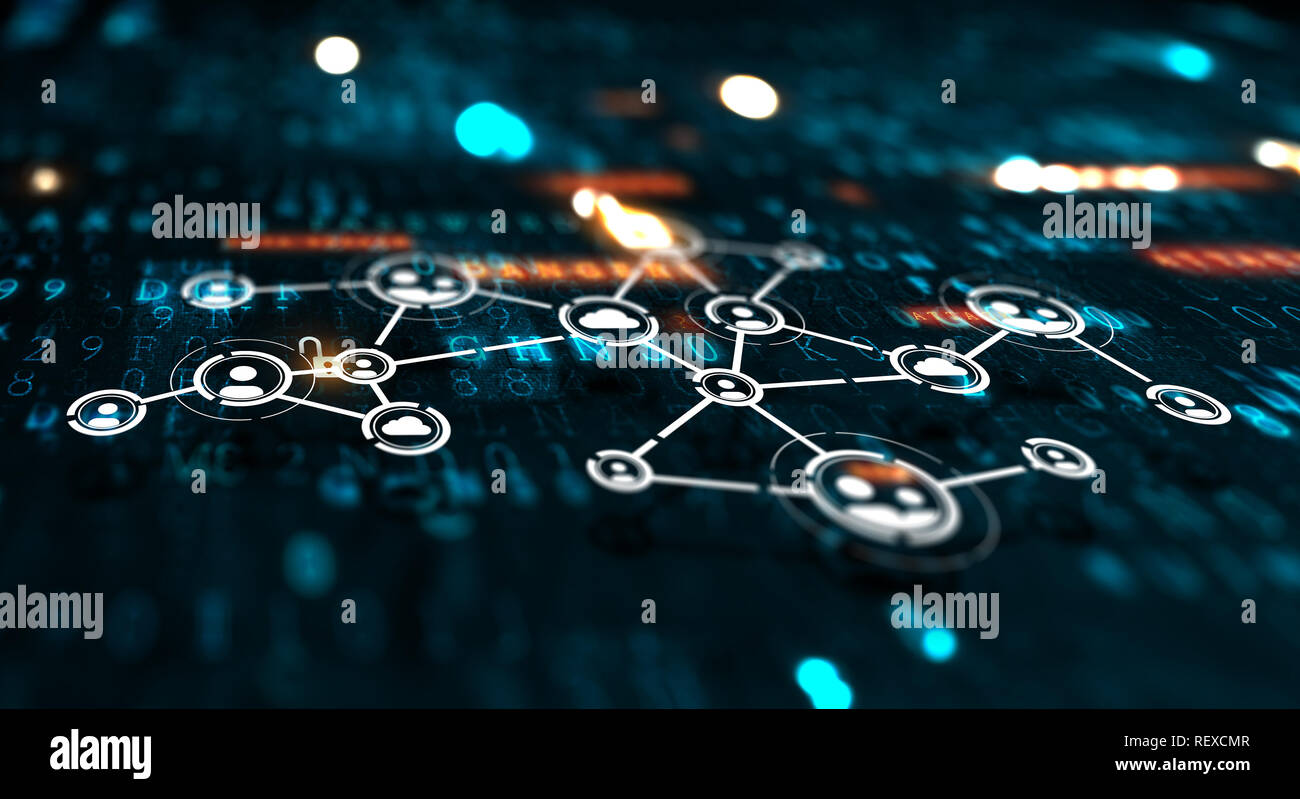 Konzept der sozialen Verbindung mit Net auf dunklem Hintergrund. 3D-Rendering Stockfoto