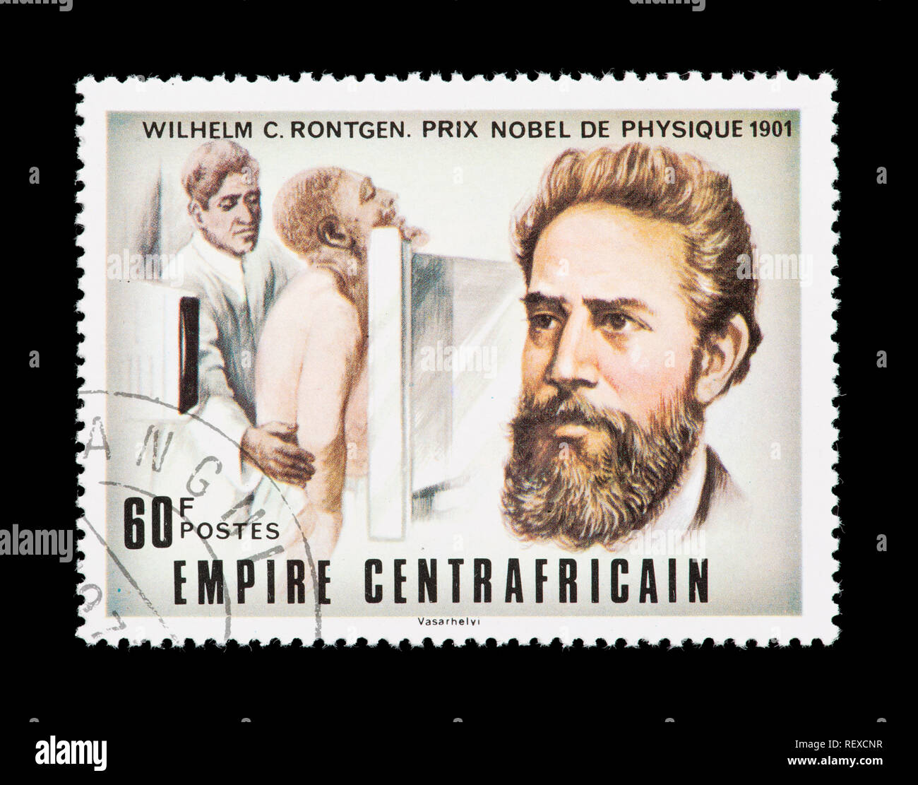 Briefmarke aus der Zentralafrikanischen Republik, Wilhelm Conrad Röntgen, entdecken Sie von x-Strahlen. Stockfoto