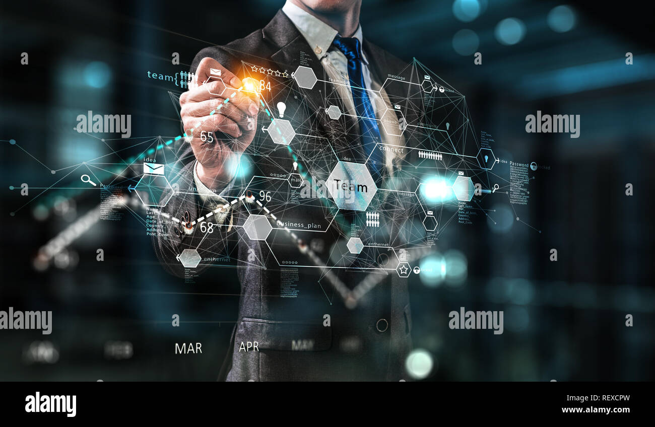 Menschliche Hand Zeichnen auf dem Bildschirm Verbindungslinien von Netzwerk. 3D-Rendering Stockfoto