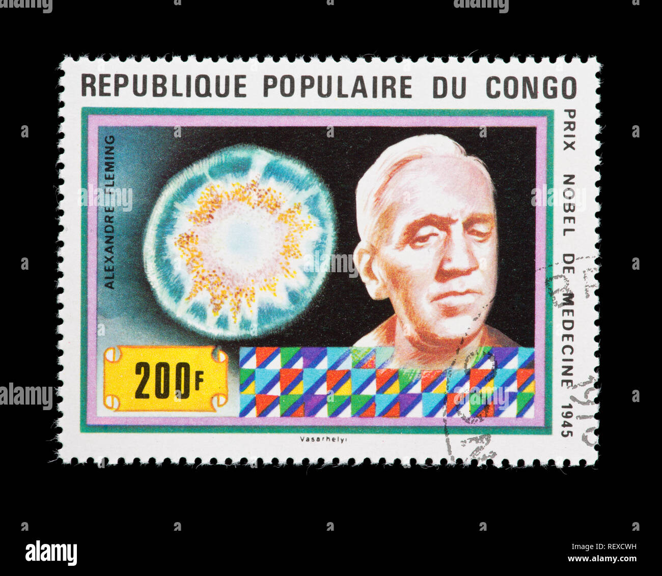 Briefmarke aus der Volksrepublik Kongo, Alexander Fleming und Penicillium Schimmel Stockfoto