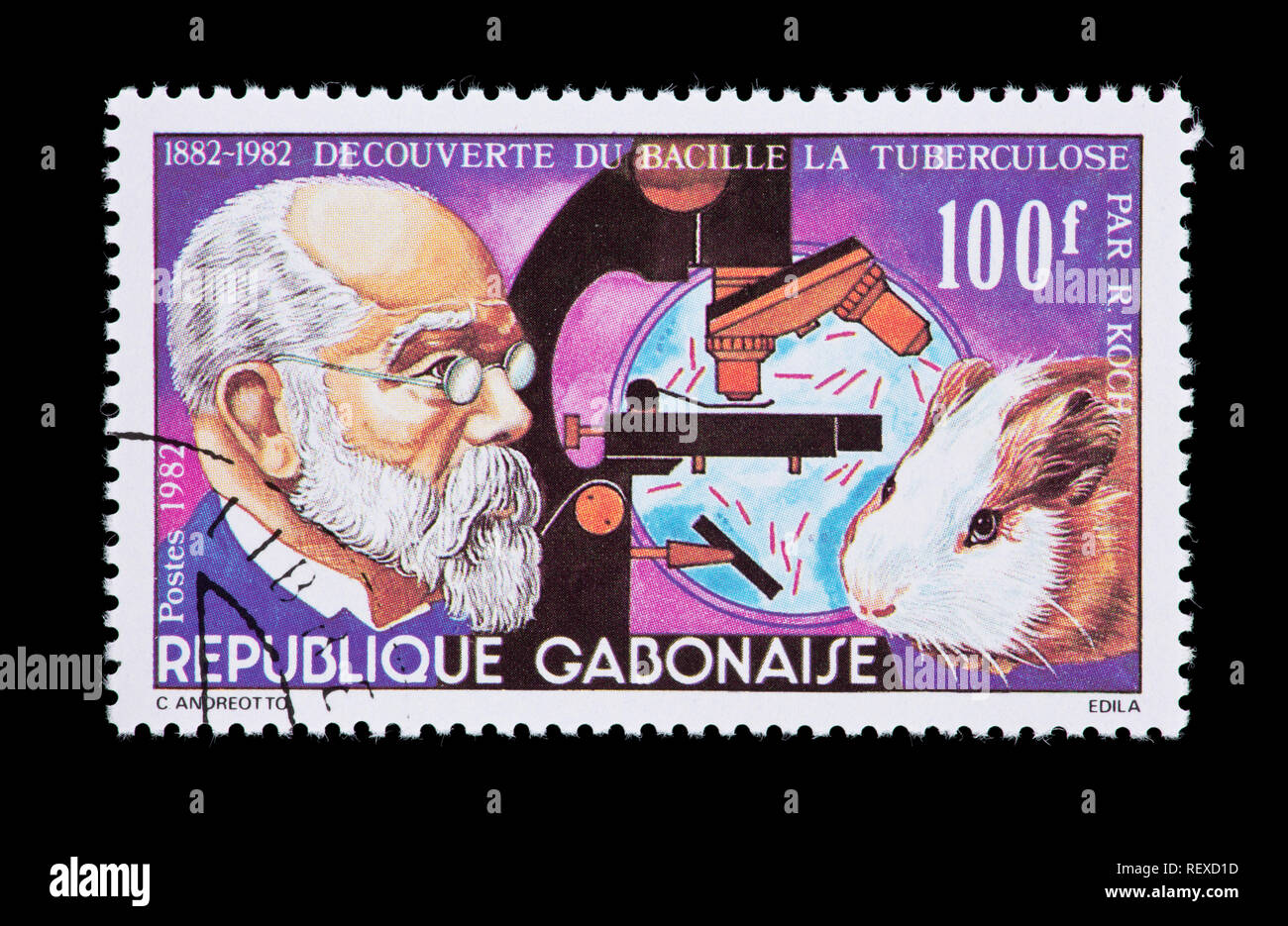 Briefmarke aus Gabun, Robert Koch, Jahrhundert von der Entdeckung des Tuberkulose Bakterien. Stockfoto