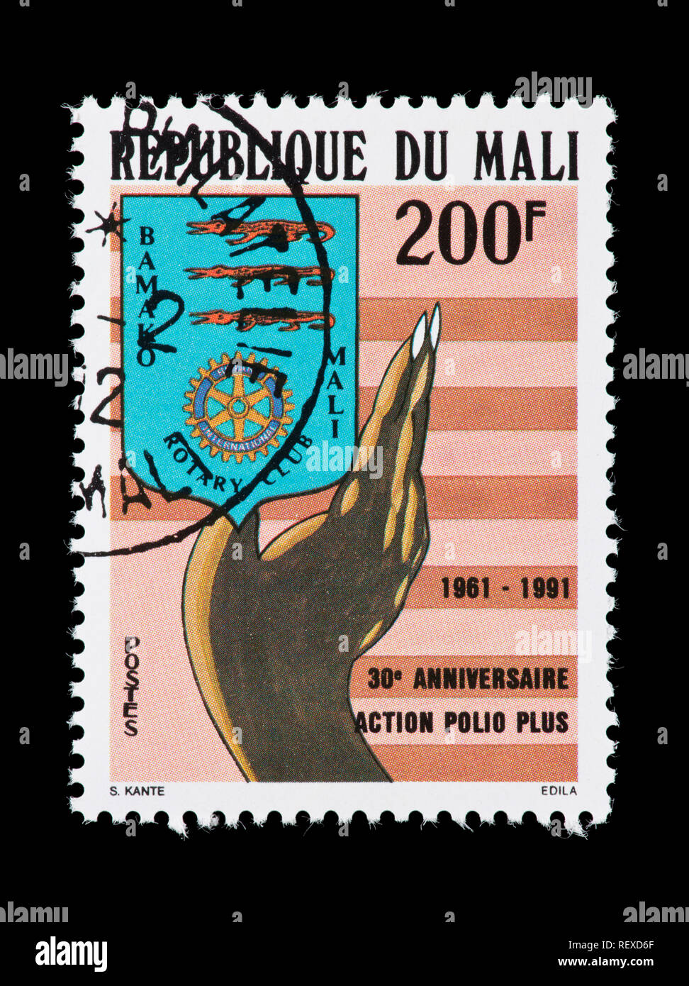Briefmarke aus Mali, die im Rahmen des 30-jährigen Bestehens des Rotary Club Bemühung gegen Polio. Stockfoto