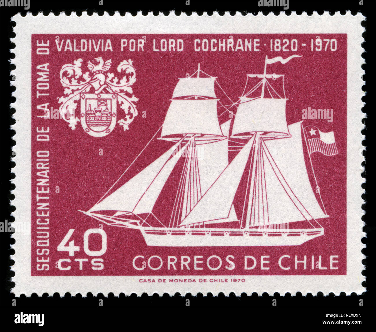 Briefmarken aus Chile in der Eroberung der Stadt Valdivia durch Herrn Thomas Cochrane Serie 1970 ausgestellt Stockfoto