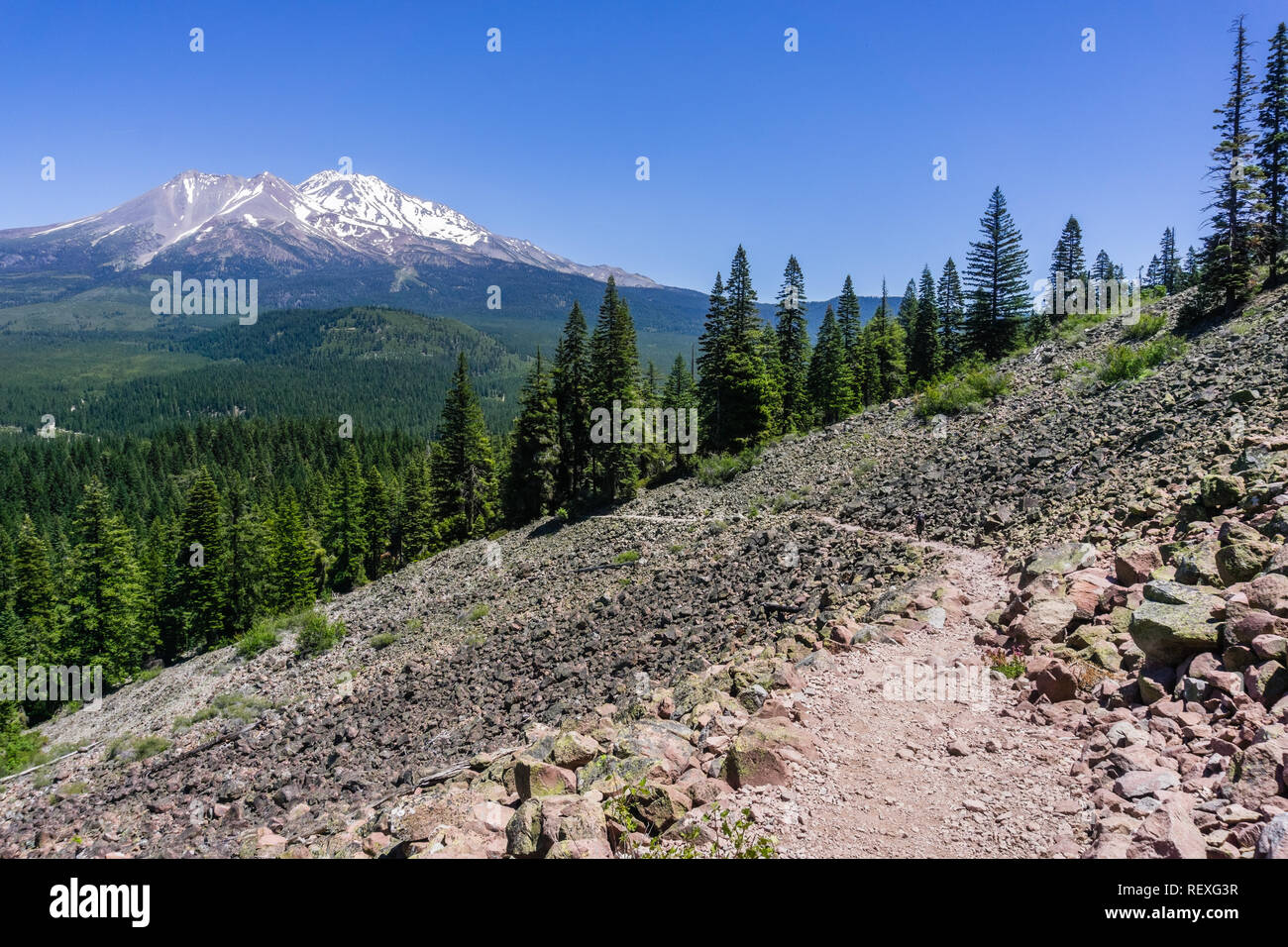 Wanderweg in Siskiyou County; Shasta Berg im Schnee im Hintergrund sichtbar; Northern California Stockfoto
