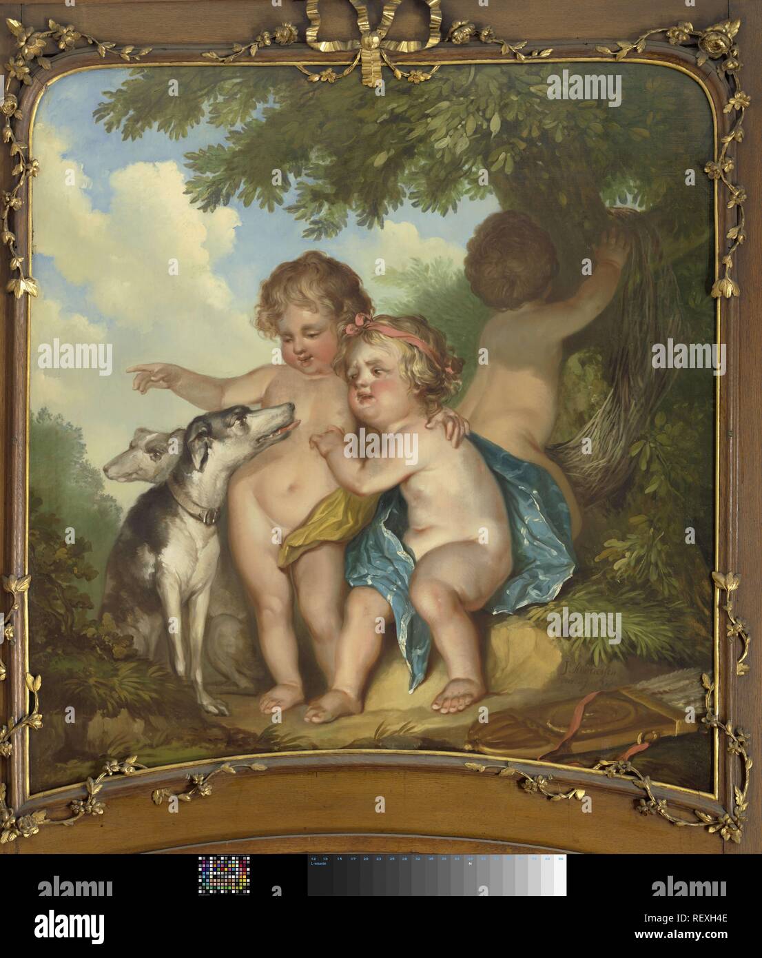 Drei Kinder mit zwei Hunden. Dating: 1771. Ort: Amsterdam. Maße: h 116 x h 120 × W 116. Museum: Rijksmuseum, Amsterdam. Autor: jurriaan Andriessen. Stockfoto