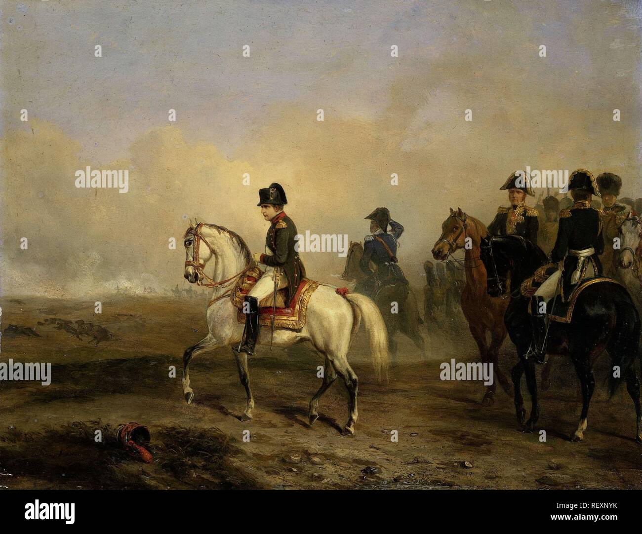 Kaiser Napoleon I. und seine Mitarbeiter auf dem Pferd. Datierung: 1810 - 1850. Maße: H 30,7 cm x W 39,8 cm x T 1,0 cm, d 7,7 cm. Museum: Rijksmuseum, Amsterdam. Autor: Horace Vernet. Stockfoto