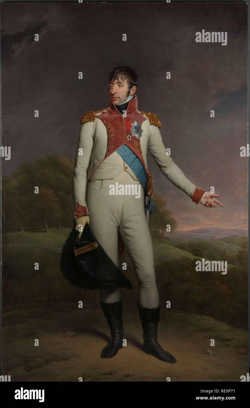 Porträt von Louis Napoleon, König von Holland. Louis Napoleon (1778-1846), König von Holland von 1806 bis 1810, in der Uniform der Rettungsschwimmer zu Fuß, mit dem großen Kreuz des königlichen Auftrag der Union von Holland und die Offiziere Kreuz der Ehrenlegion eingerichtet. Dating: 1809. Maße: h 223 cm x B 147 cm. Museum: Rijksmuseum, Amsterdam. Autor: Charles Howard Hodges. Hodges, Charles Howard. Stockfoto