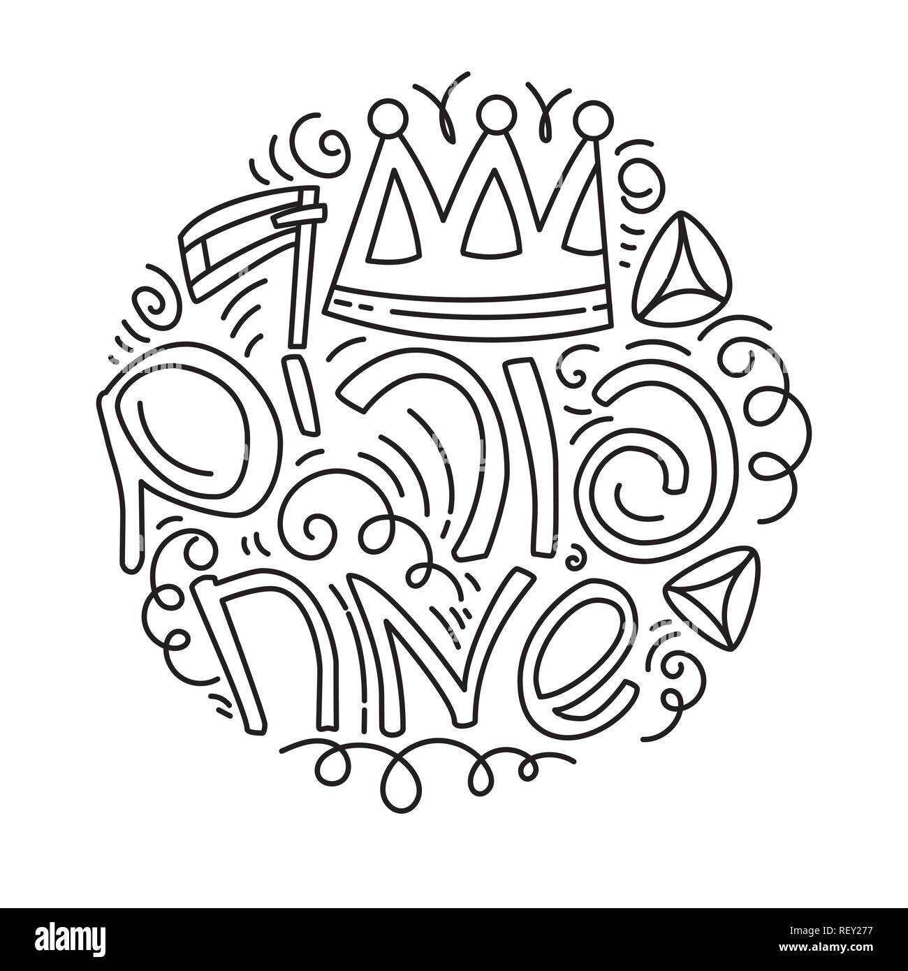 Purim Grußkarte und Färbung Seite in doodle Stil mit Krone, Lärm machen, hamantaschen und hebräischen Text glücklich Purim. Schwarze und weiße Vector Illustration. Stock Vektor
