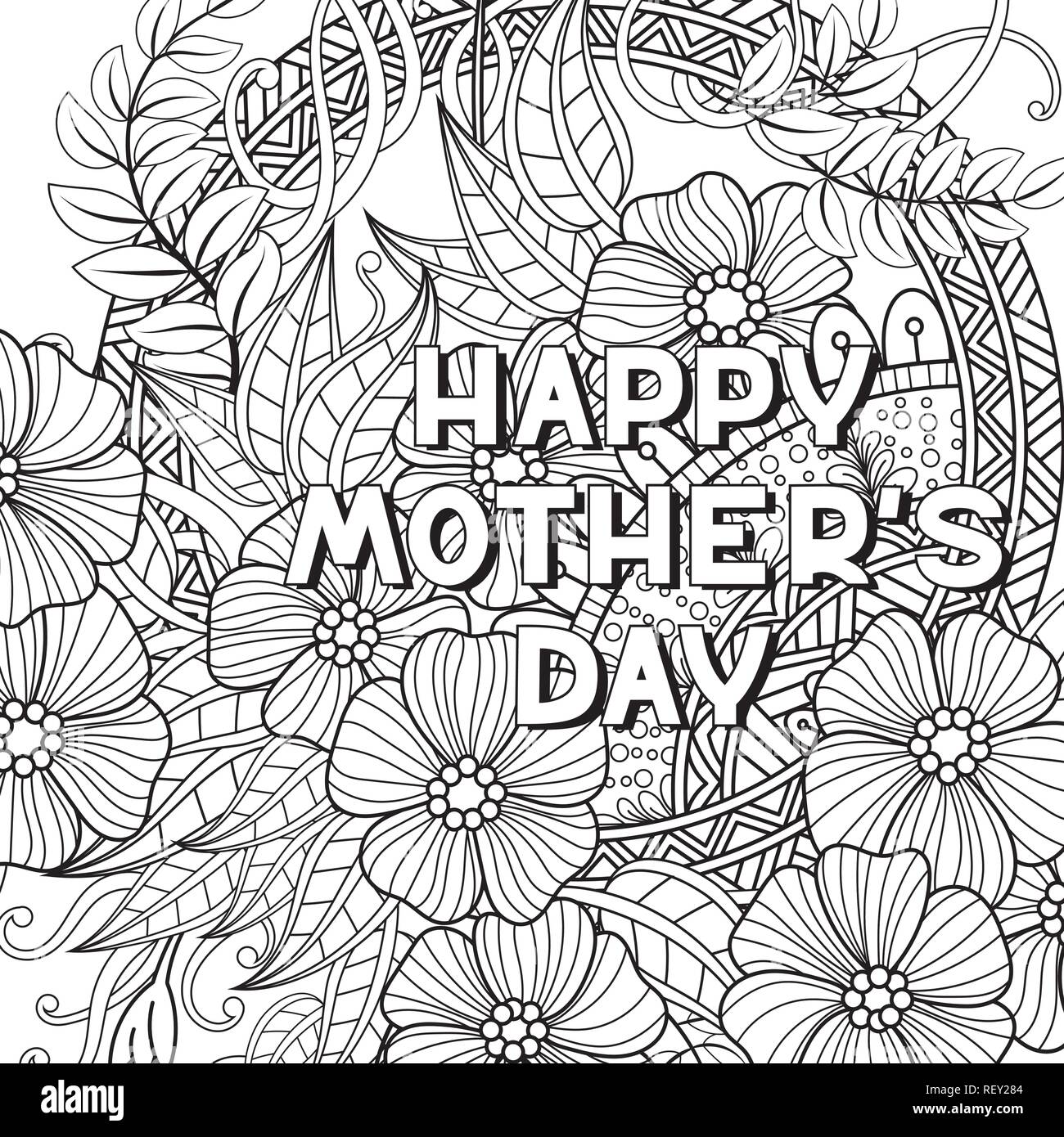 Happy Mother's Day Färbung Seite für Erwachsene Malbuch. Schwarze und weiße Vector Illustration. Auf weissem Hintergrund Stock Vektor