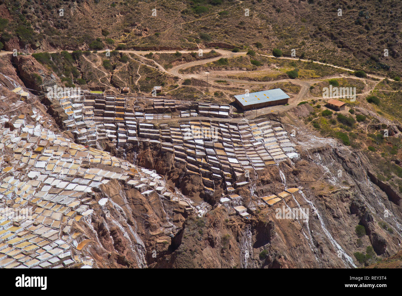 Salinen von Maras. Seit Vor-Inka Zeiten, Salz hat in Maras durch Verdampfen salziges Wasser von einem lokalen unterirdischen Strom gewonnen. Stockfoto