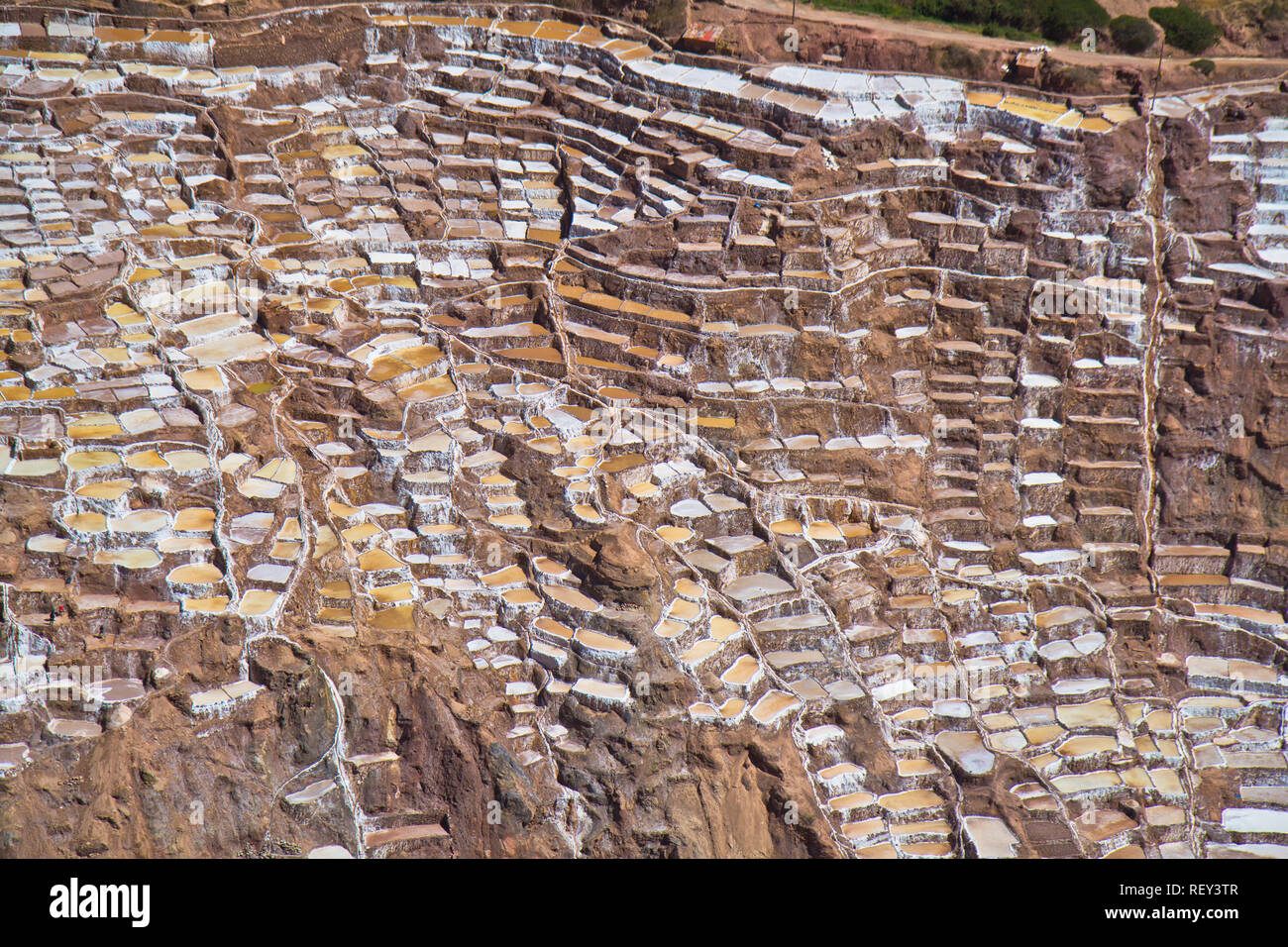 Salinen von Maras. Seit Vor-Inka Zeiten, Salz hat in Maras durch Verdampfen salziges Wasser von einem lokalen unterirdischen Strom gewonnen. Stockfoto