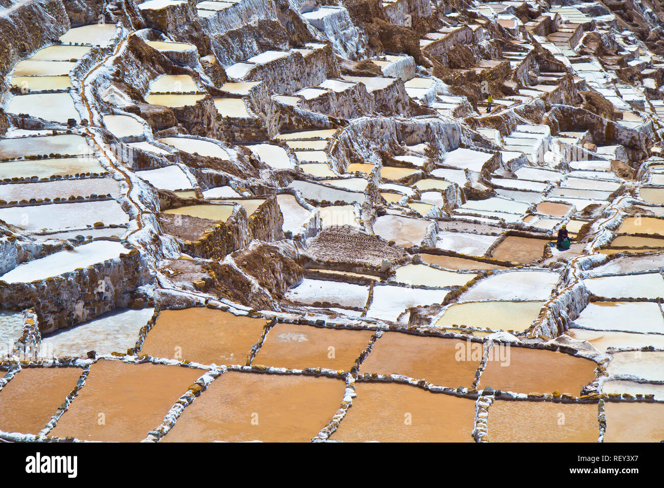 Salinen von Maras. Seit Vor-Inka Zeiten, Salz hat in Maras durch Verdampfen salziges Wasser von einem lokalen unterirdischen Strom gewonnen. Stockfoto