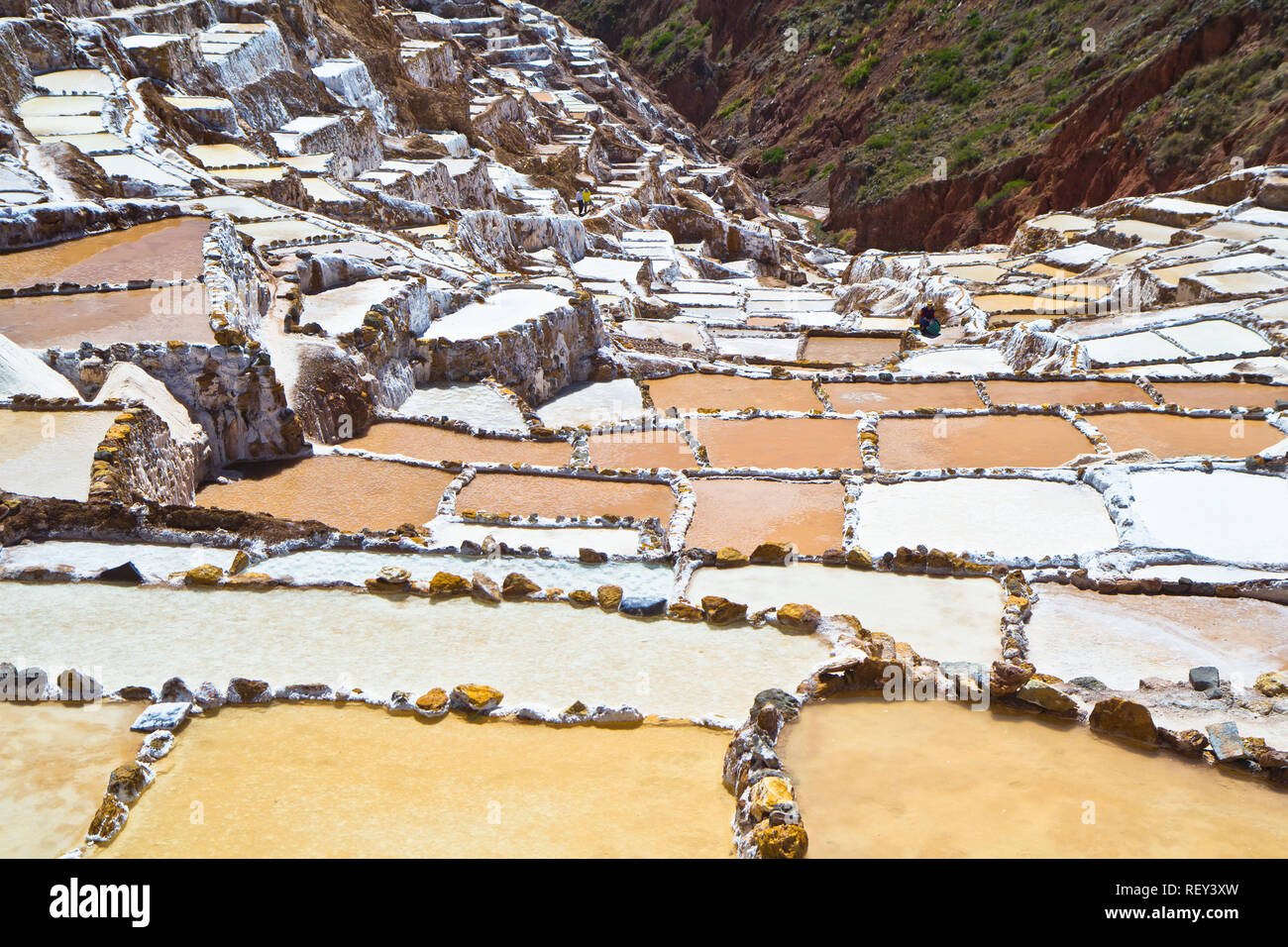 Salinen von Maras. Seit Vor-Inka Zeiten, Salz hat in Maras durch Verdampfen salziges Wasser von einem lokalen unterirdischen Strom gewonnen. Stockfoto