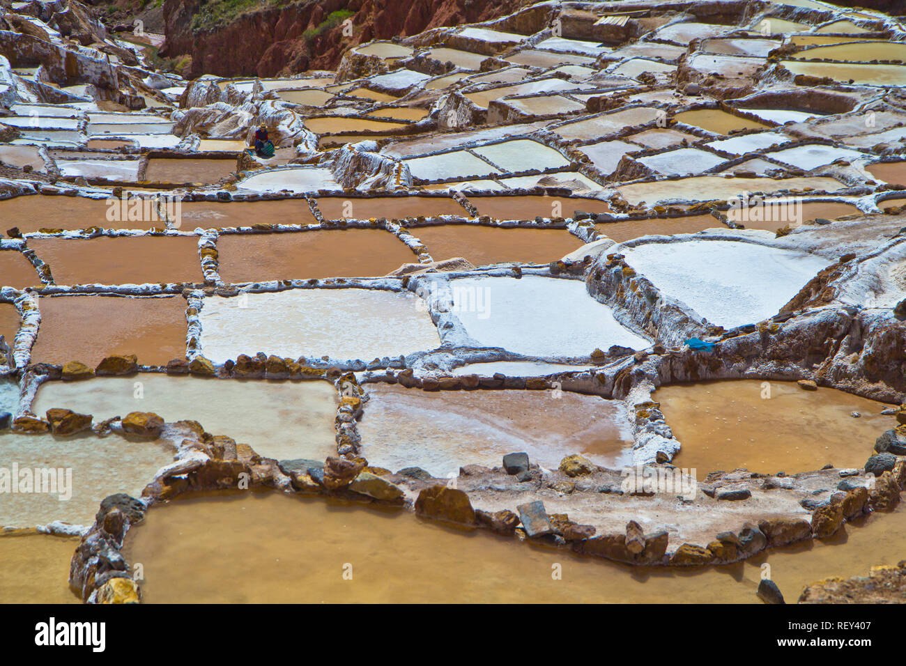 Salinen von Maras. Seit Vor-Inka Zeiten, Salz hat in Maras durch Verdampfen salziges Wasser von einem lokalen unterirdischen Strom gewonnen. Stockfoto