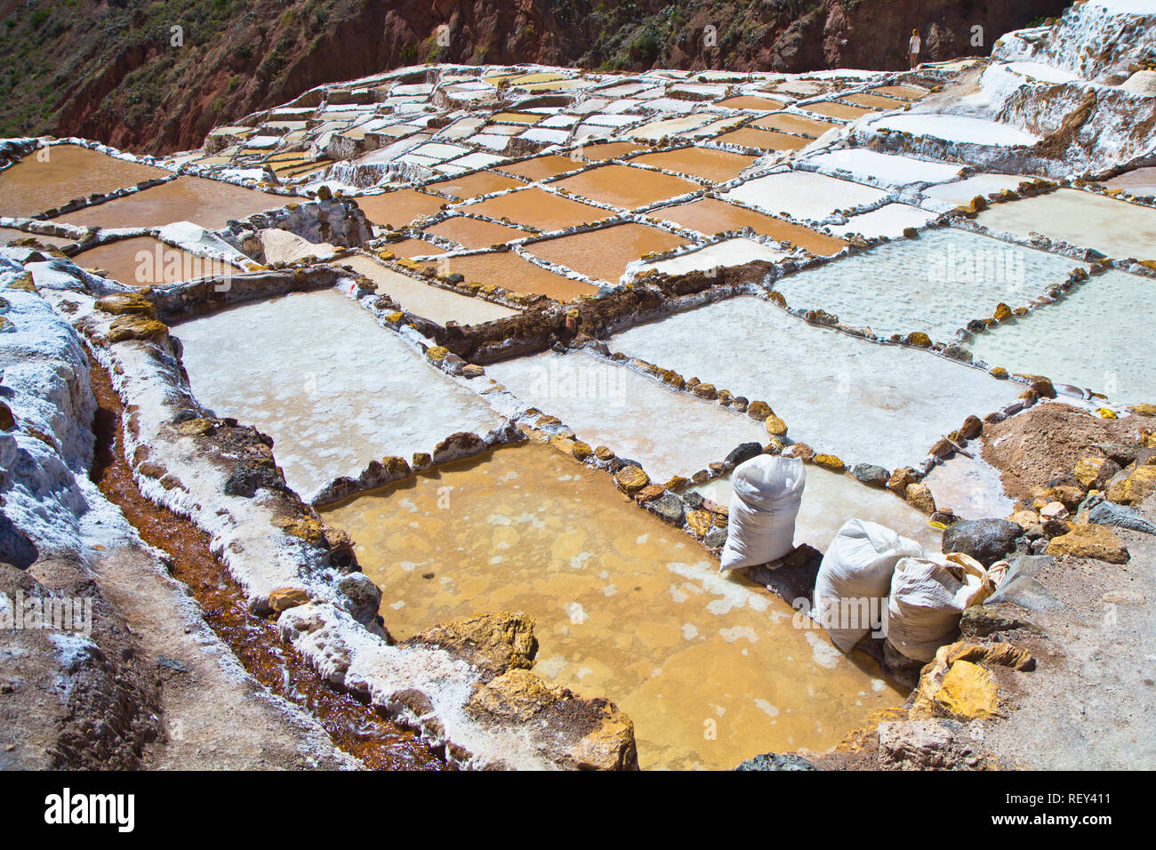 Salinen von Maras. Seit Vor-Inka Zeiten, Salz hat in Maras durch Verdampfen salziges Wasser von einem lokalen unterirdischen Strom gewonnen. Stockfoto