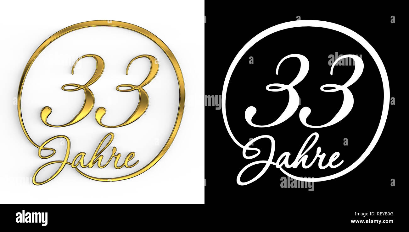 Goldene Zahl 33 Jahre (33 Jahre) in einem Kreis, Ansicht von oben, mit ...