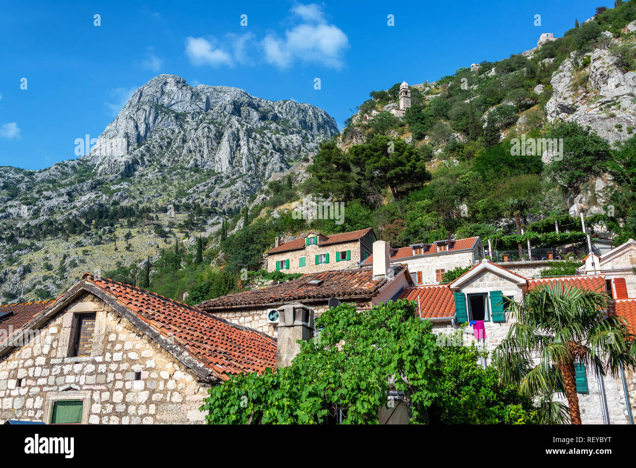 Kotor, Montenegro mit Bergen über steigende im Hintergrund Stockfoto