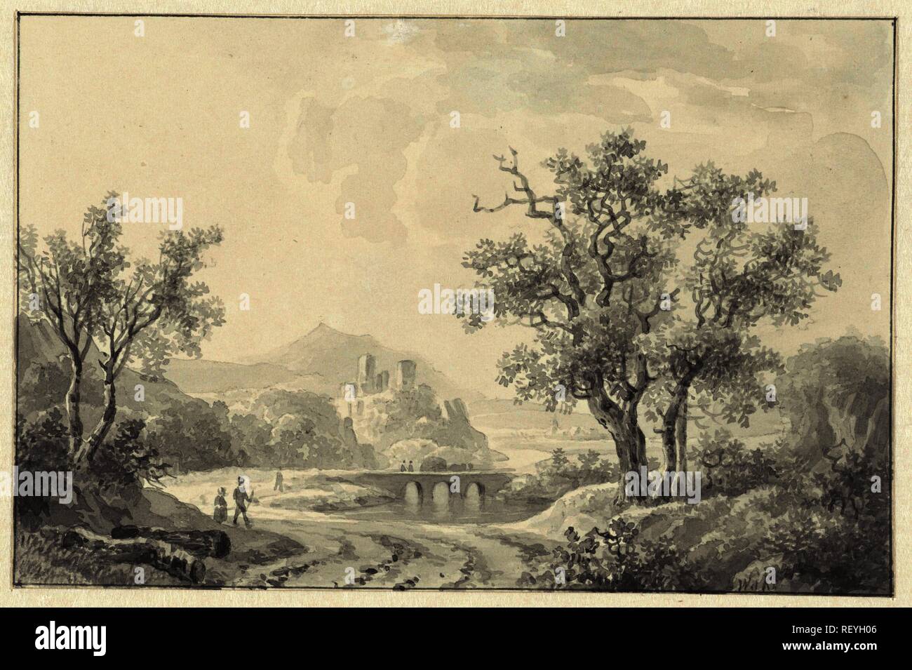 Landschaft mit Ruine in Sicht. Verfasser der Stellungnahme: Willem de Klerk. Datierung: 1810 - 1876. Maße: H 101 mm x B 154 mm. Museum: Rijksmuseum, Amsterdam. Stockfoto