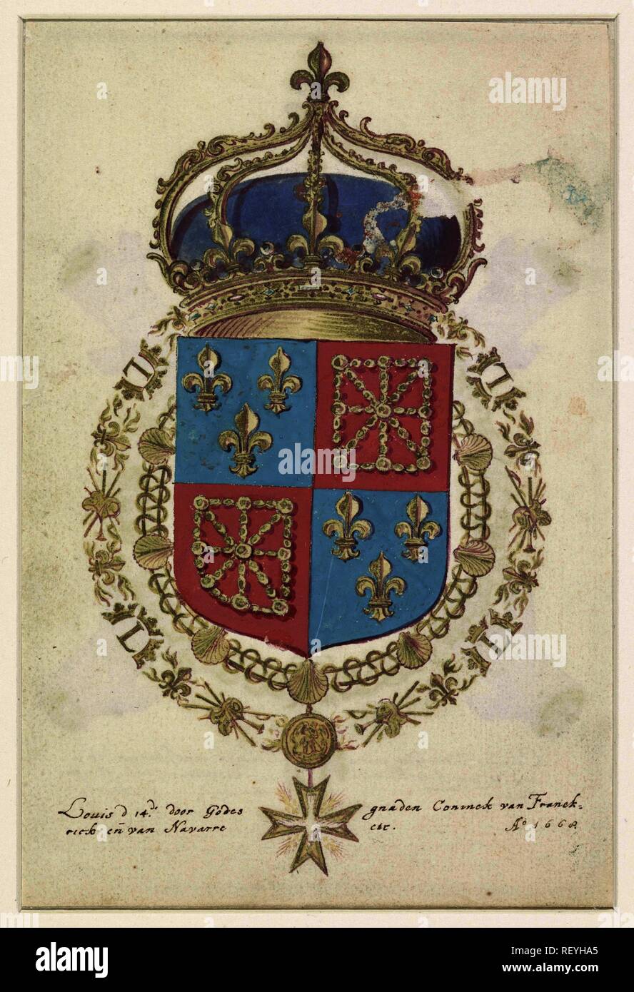 Wappen von Ludwig XIV., König von Frankreich. Verfasser: Anonym. Dating: 1668. Maße: H 189 mm x B 127 mm. Museum: Rijksmuseum, Amsterdam. Stockfoto