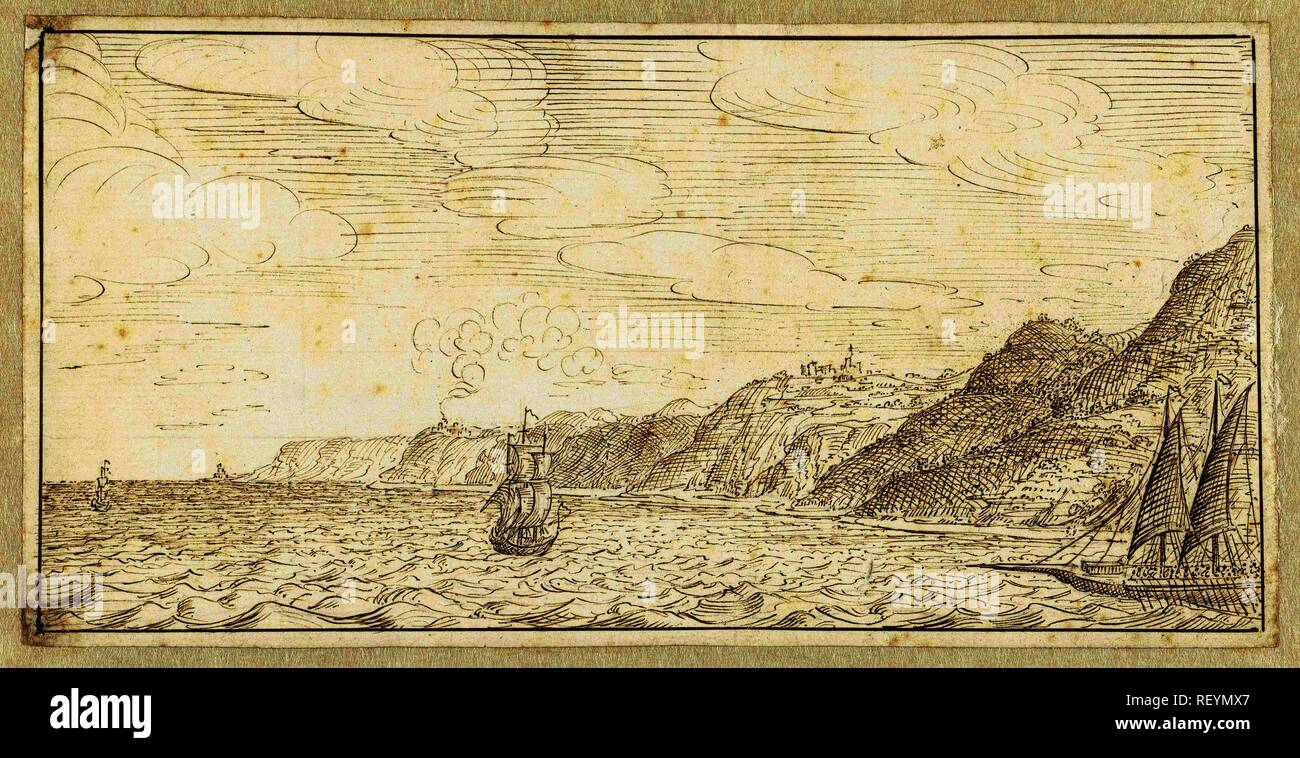 Enkele schepen voor de Kust Novalja. Gezichten rond de Middellandse Zee (Titel der Serie). Verfasser der Stellungnahme: Johan Teyler. Datierung: 1679 - 1683. Maße: H 117 mm x B 235 mm. Museum: Rijksmuseum, Amsterdam. Stockfoto