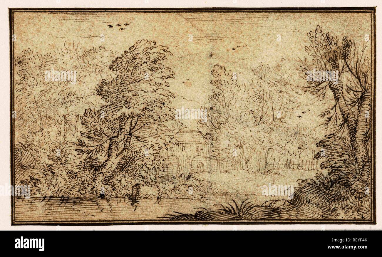 Wald Landschaft mit Haus am Fluss. Verfasser der Stellungnahme: Albert Flamen. Datierung: 1648 - 1669. Maße: h68 mm x W 114 mm. Museum: Rijksmuseum, Amsterdam. Stockfoto