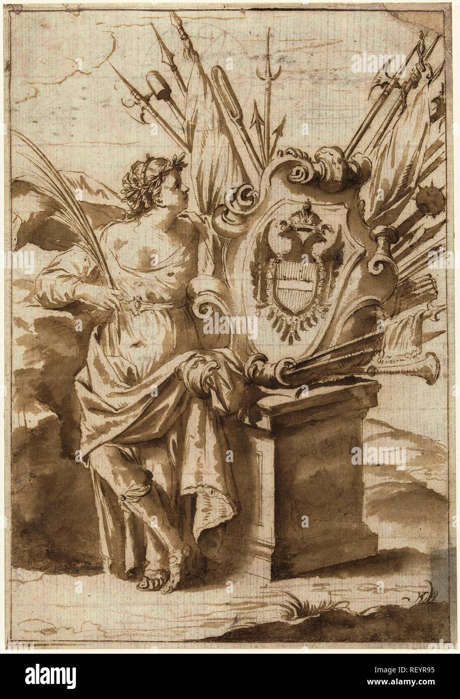 Frau an das Wappen von Österreich. Verfasser: Anonym. Datierung: 1600 - 1699. Maße: H 254 mm x B 178 mm. Museum: Rijksmuseum, Amsterdam. Stockfoto
